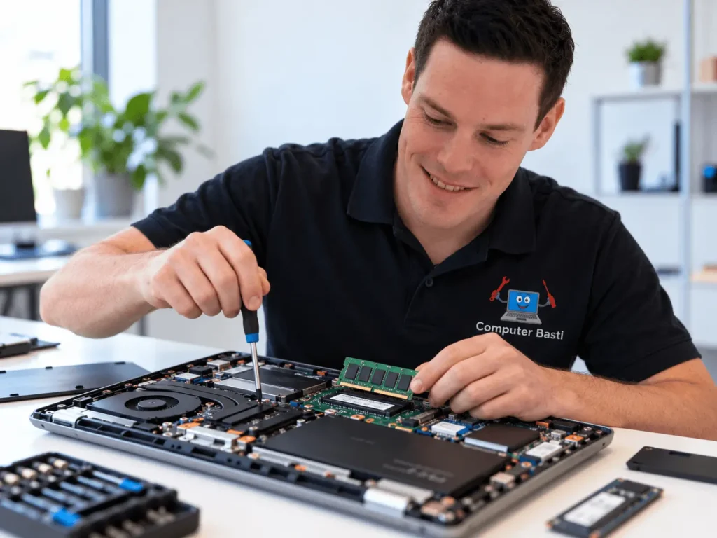 PC aufrüsten in Wien: Techniker baut Arbeitsspeicher und SSD in einen Computer ein